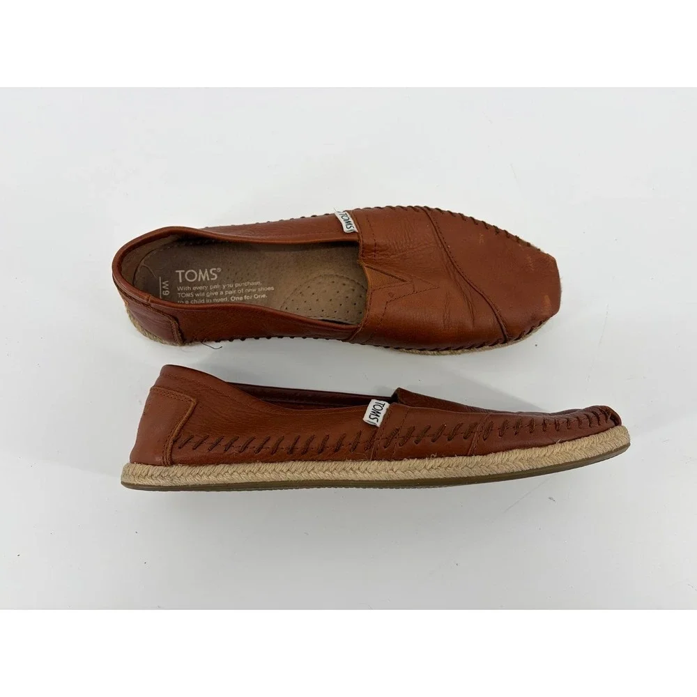 TOMS Alpargata Slip On, Brown Leather Whipstitch Espadrille, Women Size 9